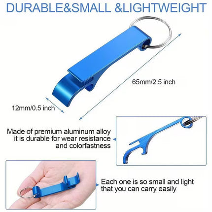 Blue bottle opener with keychain, showing dimensions and material details on a white background.