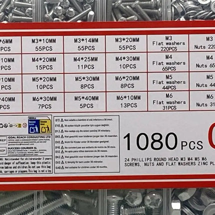 1080 piece metric fastener assortment kit label showing M3 M4 M5 M6 screws nuts and washers contents