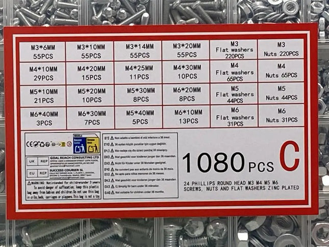 1080 piece metric fastener assortment kit label showing M3 M4 M5 M6 screws nuts and washers contents