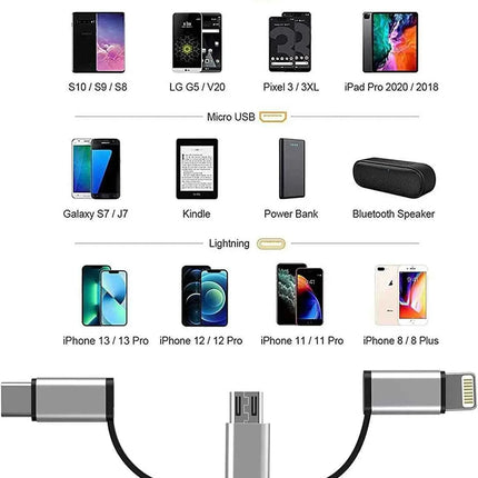 3 in 1 Cable, Lightning Type C Micro USB Charging Cable Adapter MFI Certified