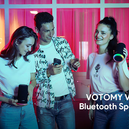 VOTOMY Bluetooth Speaker 24H Playtime 360° Bass RGB Lights IPX7 Waterproof Black