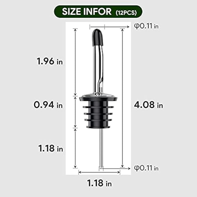 Drink Pourers Stainless Steel with Stoppers for Oils, Whiskey, Cocktails 12 Pack