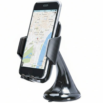 A black magnetic phone mount with a suction cup base, holding a smartphone with a map screen, on a white background.