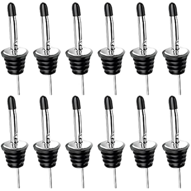 Drink Pourers Stainless Steel with Stoppers for Oils, Whiskey, Cocktails 12 Pack