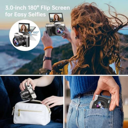 4K 64MP Digital Camera WiFi Autofocus Vlogging Camera Flip Screen 64GB Aureapix