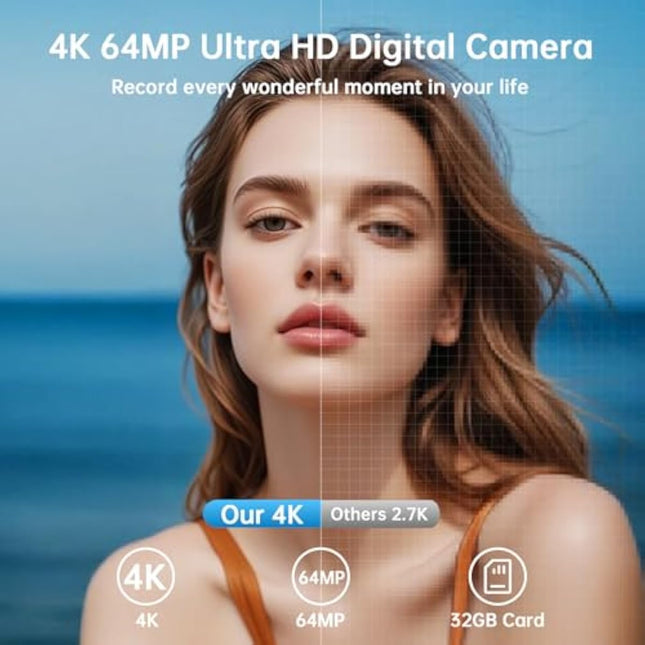 4K Digital Camera with WiFi 64MP Autofocus Camera for Vlogging free 64GB SD Card