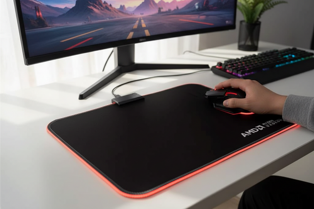 AMD LED Gaming Mouse Pad Red LED Light-Up Anti-Slip 36.5×25.5 cm for PC/Laptop