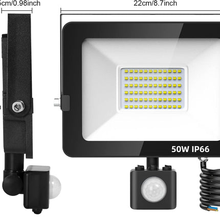 50W LED PIR Motion Sensor Outdoor Security Floodlight IP66 Waterproof 5000LM
