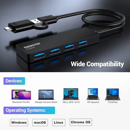 4-Port USB C and A Hub Splitter Ultra Slim Fast 5Gbps data for Mac Windows Linux