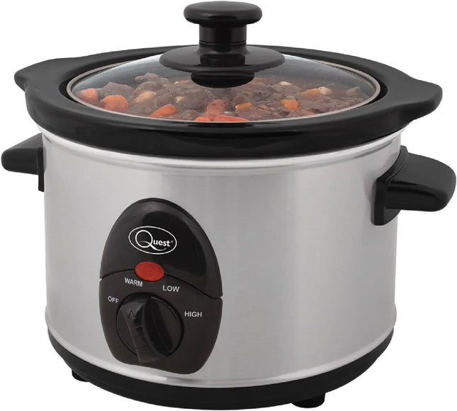 Quest 1.5 Litre Compact Slow Cooker Stainless Steel 120W 3 Temperature Settings