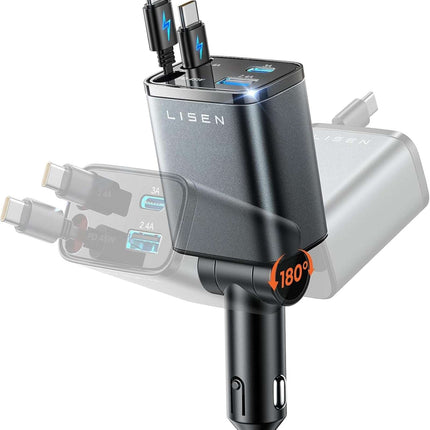 LISEN Retractable USB C 84W Car Charger for iPhone Samsung iPad Fast Charge