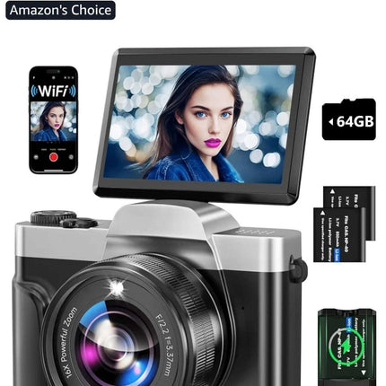 4K 64MP Digital Camera WiFi Autofocus Vlogging Camera Flip Screen 64GB Aureapix