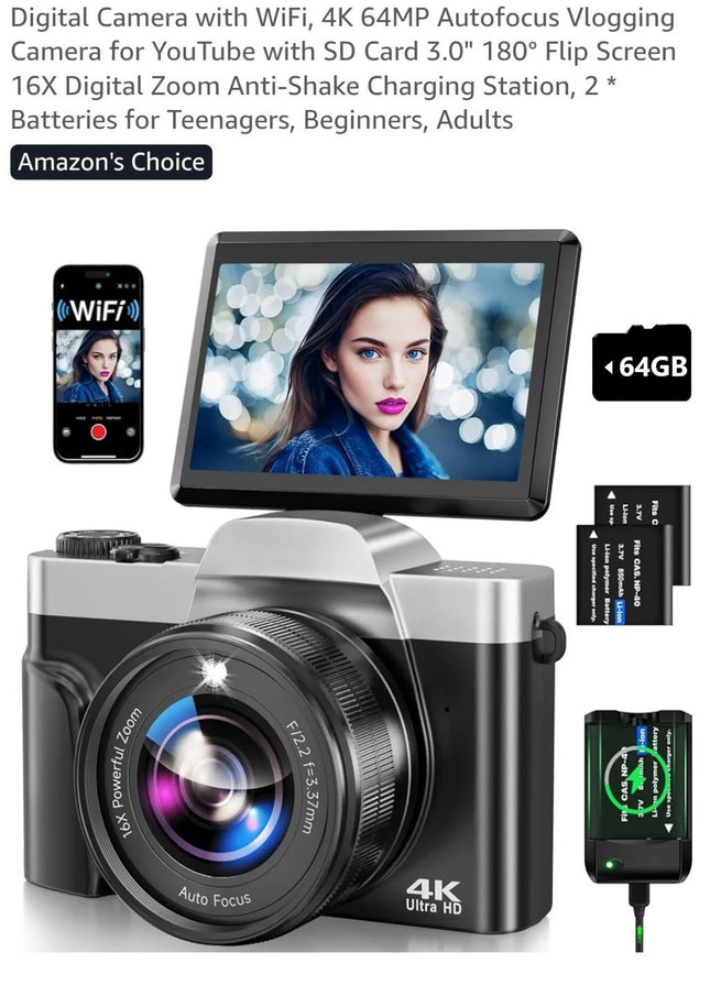 4K Digital Camera with WiFi 64MP Autofocus Camera for Vlogging free 64GB SD Card