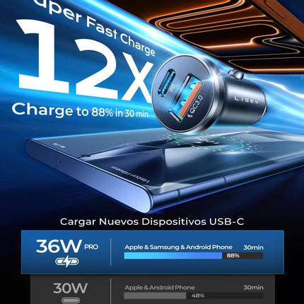 LISEN 54W USB C Fast Car Charger Metal Cigarette Lighter Adapter iPhone Samsung