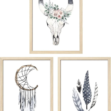 ArtbyHannah 12x16 Inch Framed Boho Wall Art, Set of 3 with Bohemian Art Prints