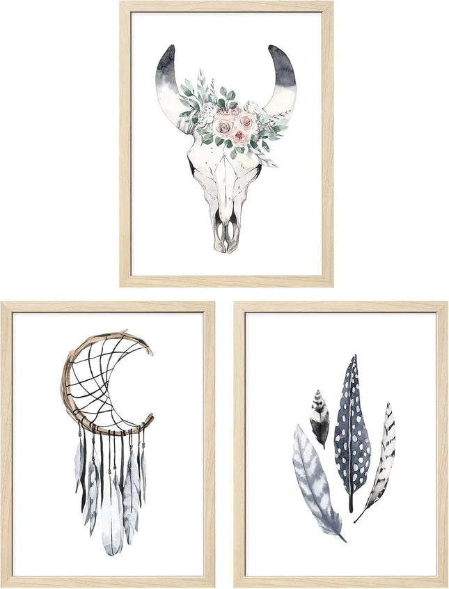 ArtbyHannah 12x16 Inch Framed Boho Wall Art, Set of 3 with Bohemian Art Prints