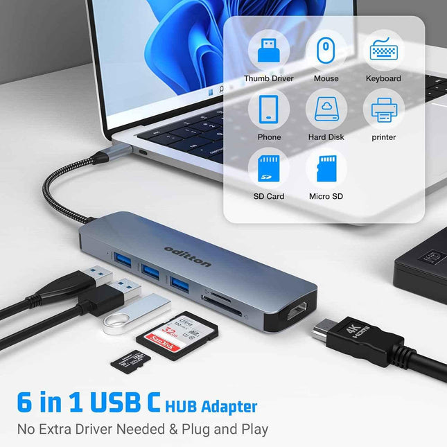 6 in 1 Docking Station USB C Adapter with 4K HDMI USB 3.0 5Gpbs SD&TF Card Slot
