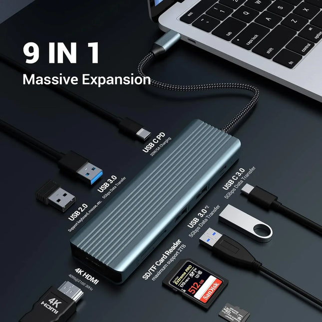 USB C Docking Station 9 in 1 HDMI 4K@30Hz HDMI SD/MicroSD & More