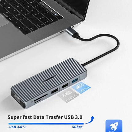 USB-C Docking Station 9-in-1 Hub Triple Display HDMI/VGA USB for Mac & Windows