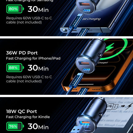 LISEN 54W USB C Fast Car Charger Metal Cigarette Lighter Adapter iPhone Samsung