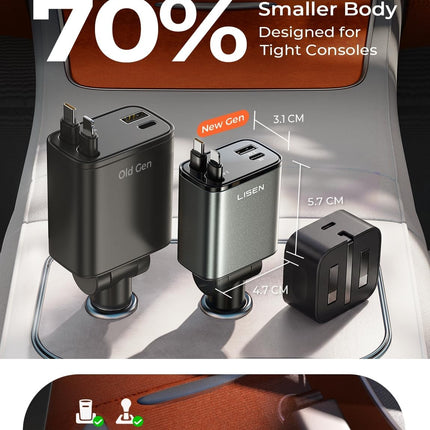 LISEN Retractable USB C 84W Car Charger for iPhone Samsung iPad Fast Charge
