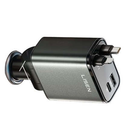 A LISEN dual USB-C car charger with a metallic dark gray body, featuring a built-in Lightning connector and two USB-C ports on the top, set against a plain white background.
