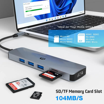 USB-C Docking Station 6-in-1 4K HDMI USB 3 SD & TF Reader for Mac Windows Linux