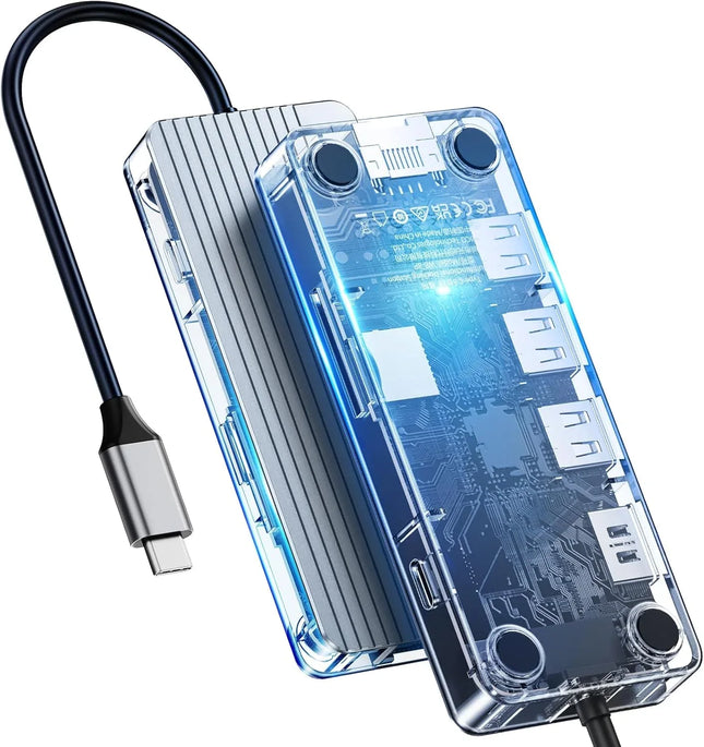 USB C Docking Station 8 in 1 Type C Transparent Dock 3 USB 4K HDMI RJ45 TF & SD