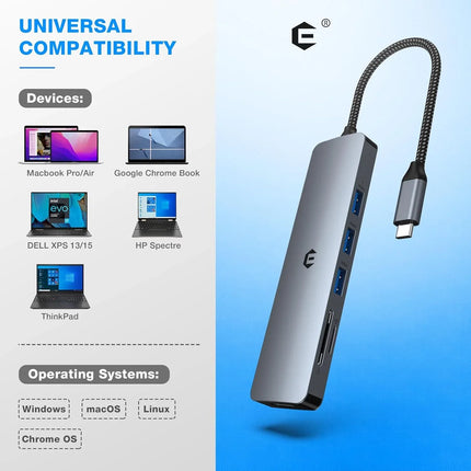 USB-C Docking Station 6-in-1 4K HDMI USB 3 SD & TF Reader for Mac Windows Linux