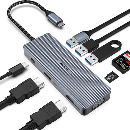 USB-C Docking Station 9-in-1 Hub Triple Display HDMI/VGA USB for Mac & Windows