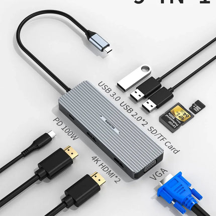 USB-C Docking Station 9-in-1 Hub Triple Display HDMI/VGA USB for Mac & Windows