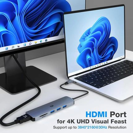 USB-C Docking Station 6-in-1 4K HDMI USB 3 SD & TF Reader for Mac Windows Linux
