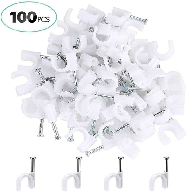 Round Cable Clips White 8mm 100 Pcs for Ethernet Telephone Cable TV Wire etc
