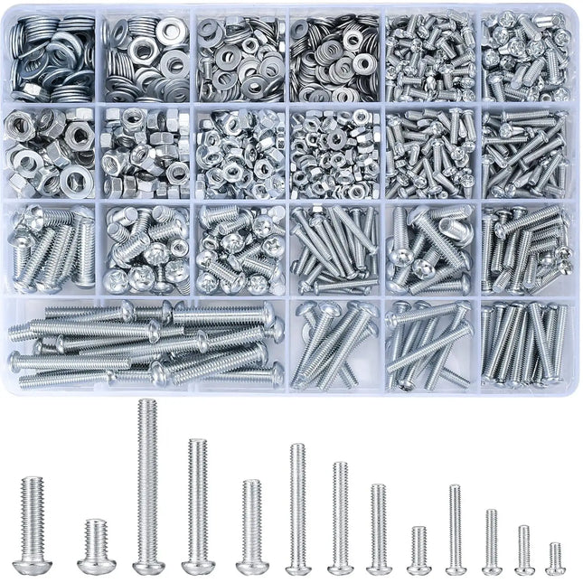 1080 Piece Metric Screws Nuts and Washers Assortment Kit M3 M4 M5 M6 Zinc Plated