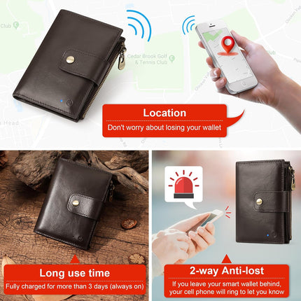 Smart Anti-Theft GPS Men's Wallet RFID Blocking Trifold Cowhide Genuine Leather