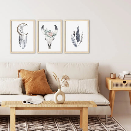 ArtbyHannah 12x16 Inch Framed Boho Wall Art, Set of 3 with Bohemian Art Prints