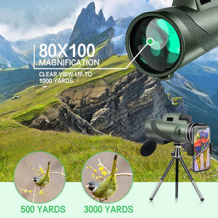 80x100 Monocular Telescope Smartphone Adapter High Definition for Outdoor Use