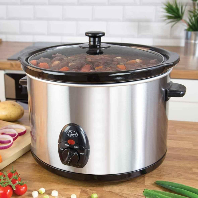 Quest 1.5 Litre Compact Slow Cooker Stainless Steel 120W 3 Temperature Settings