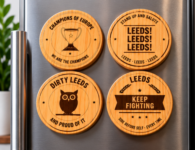 A six-panel collage showing a round wooden bottle opener and matching engraved coasters. The coasters are printed with humorous beer-themed quotes such as 'LEEDS! LEEDS! LEEDS!' and an owl logo.