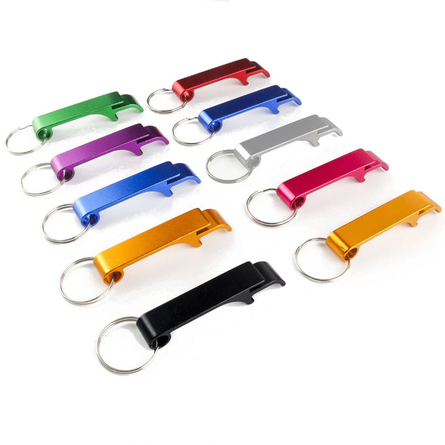 Set of colorful bottle openers with keychains on a white background