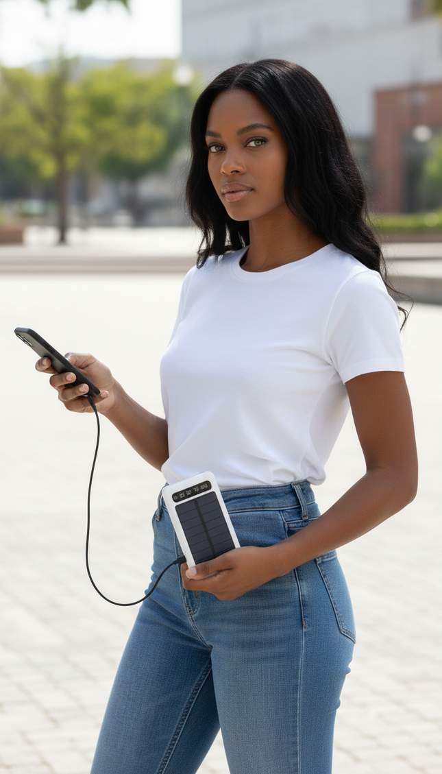 12000mAh Power Bank with Solar Panel Micro USB, iPhone, Type-C, and USB With LED