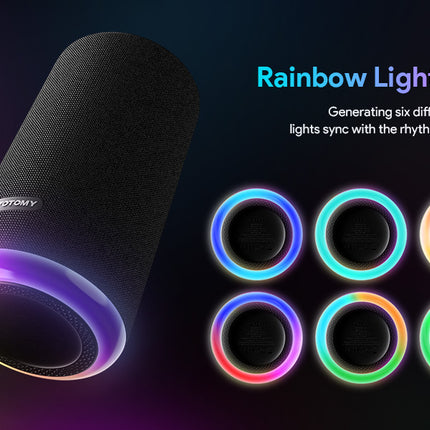 VOTOMY Bluetooth Speaker 24H Playtime 360° Bass RGB Lights IPX7 Waterproof Black
