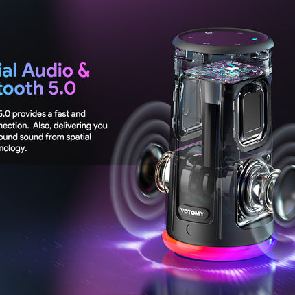 VOTOMY Bluetooth Speaker 24H Playtime 360° Bass RGB Lights IPX7 Waterproof Black