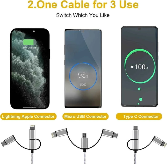 3 in 1 Cable, Lightning Type C Micro USB Charging Cable Adapter MFI Certified