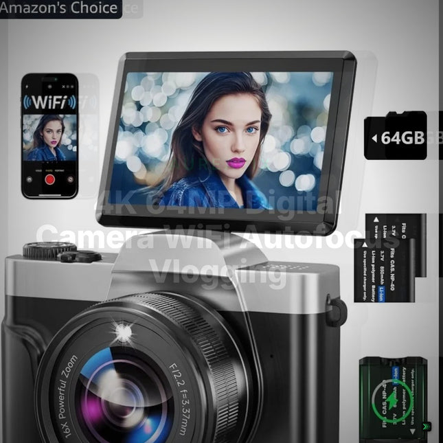 4K 64MP Digital Camera WiFi Autofocus Vlogging Camera Flip Screen 64GB – Clean Showcase