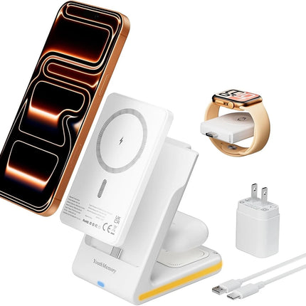 YouthMemory 3-in-1 wireless charging station with iPhone, Apple Watch and wall adapter