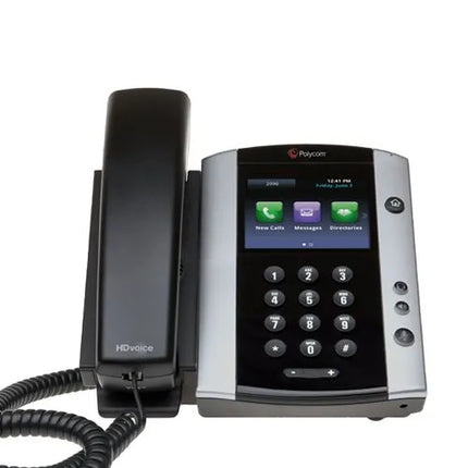 Polycom HDvoice IP office phone with a black and silver base, a black handset on a coiled cord, and a color display screen showing call interface icons.