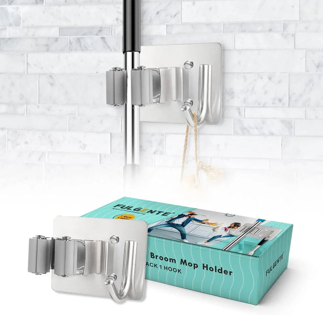Mop Broom Holder Wall Mounted Heavy Duty Clips & Hanger Storage Rack 1 Hook 2 pk
