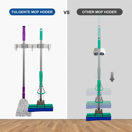 Mop Broom Holder Wall Mounted Heavy Duty Clips & Hangers Storage Rack 2 Hooks
