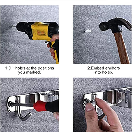 Mop Broom Holder Wall Mounted Heavy Duty Clips & Hangers Storage Rack 2 Hooks